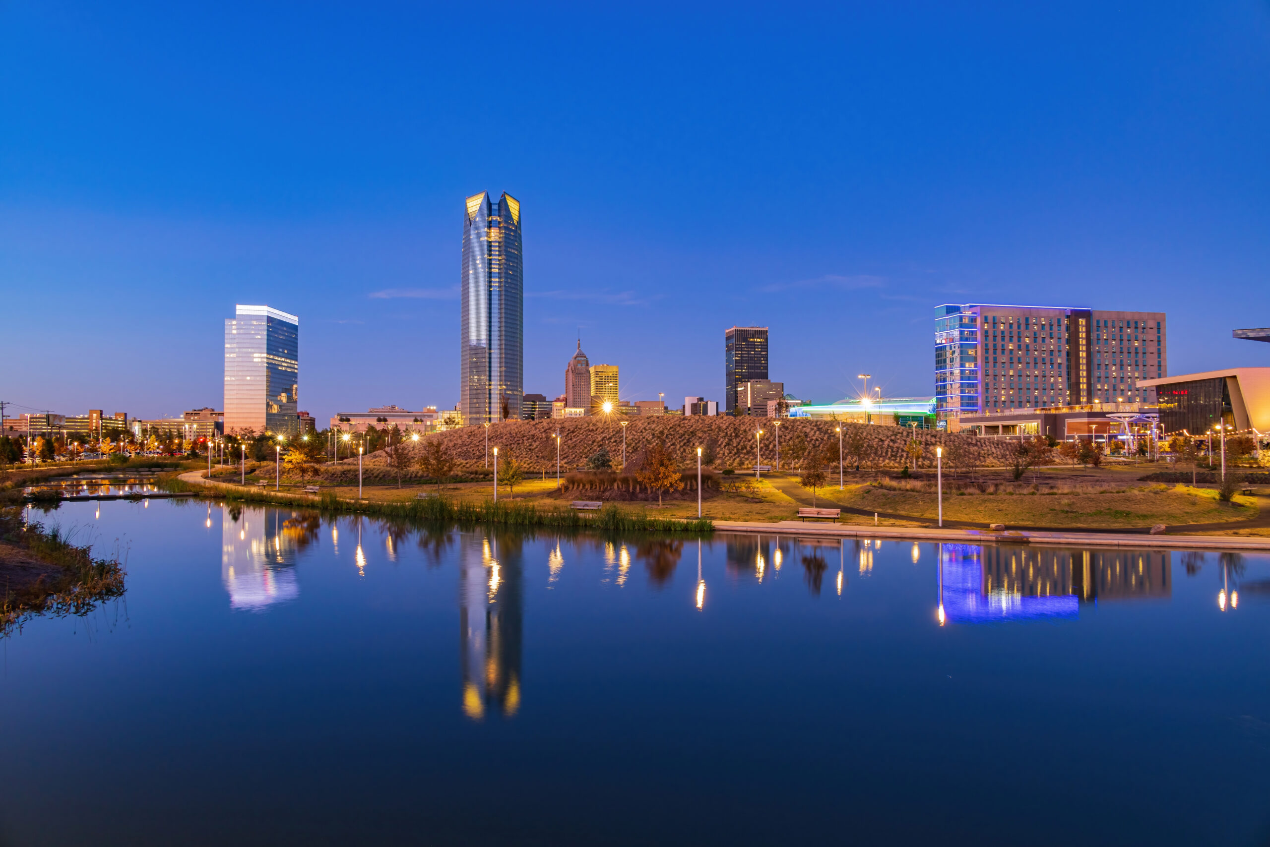 Night view of the Oklahoma City skyline and cityscape